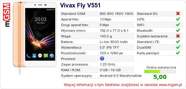 Dane telefonu Vivax Fly V551 Dane telefonu Vivax Fly V551