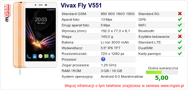 Dane telefonu Vivax Fly V551
