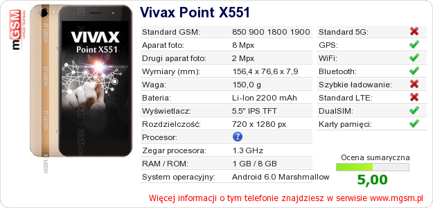 Dane telefonu Vivax Point X551