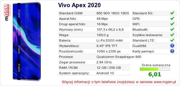 Dane telefonu Vivo Apex 2020