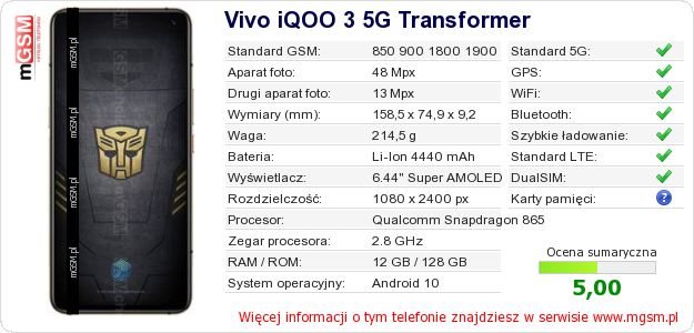 Dane telefonu Vivo iQOO 3 5G Transformer