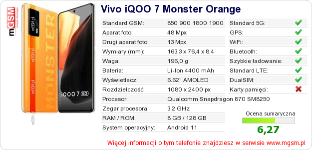 Dane telefonu Vivo iQOO 7 Monster Orange