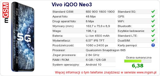 Dane telefonu Vivo iQOO Neo3 Dane telefonu Vivo iQOO Neo3
