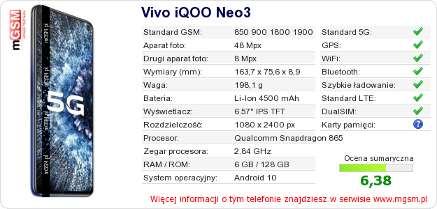Dane telefonu Vivo iQOO Neo3