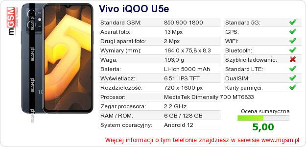 Dane telefonu Vivo iQOO U5e