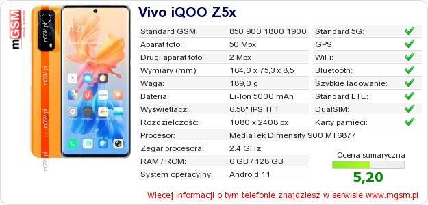 Dane telefonu Vivo iQOO Z5x Dane telefonu Vivo iQOO Z5x