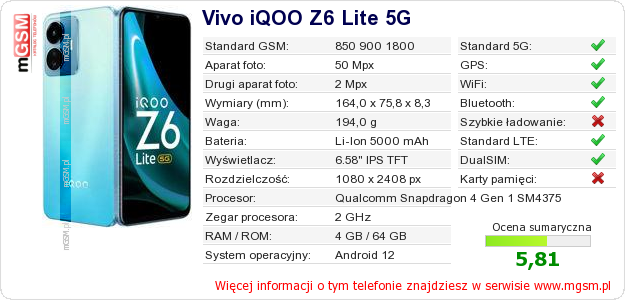 Dane telefonu Vivo iQOO Z6 Lite 5G
