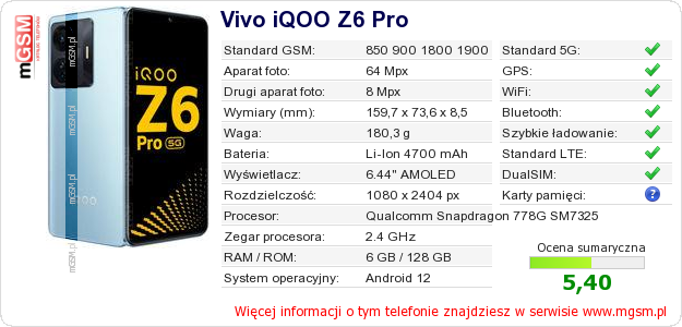 Dane telefonu Vivo iQOO Z6 Pro