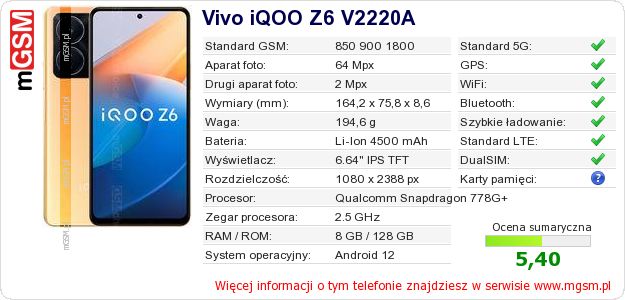 Dane telefonu Vivo iQOO Z6 V2220A