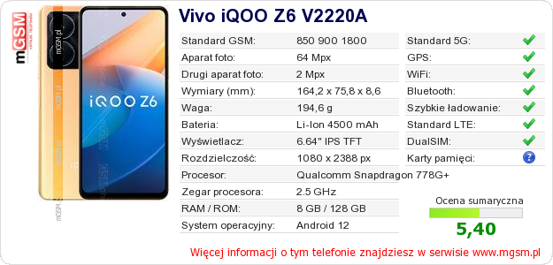 Dane telefonu Vivo iQOO Z6 V2220A