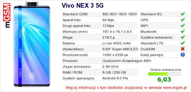 Dane telefonu Vivo NEX 3 5G
