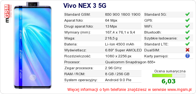 Dane telefonu Vivo NEX 3 5G Dane telefonu Vivo NEX 3 5G