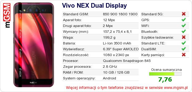Dane telefonu Vivo NEX Dual Display Dane telefonu Vivo NEX Dual Display