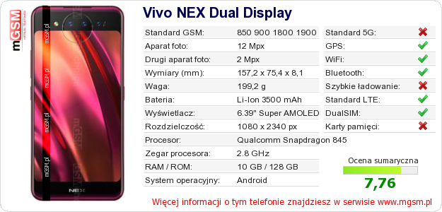 Dane telefonu Vivo NEX Dual Display