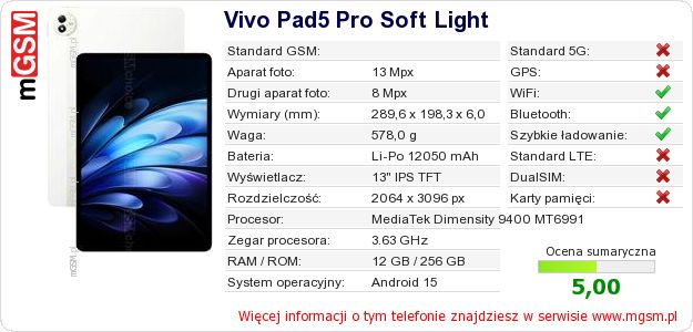 Dane telefonu Vivo Pad5 Pro Soft Light
