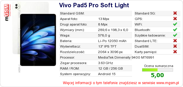 Dane telefonu Vivo Pad5 Pro Soft Light Dane telefonu Vivo Pad5 Pro Soft Light