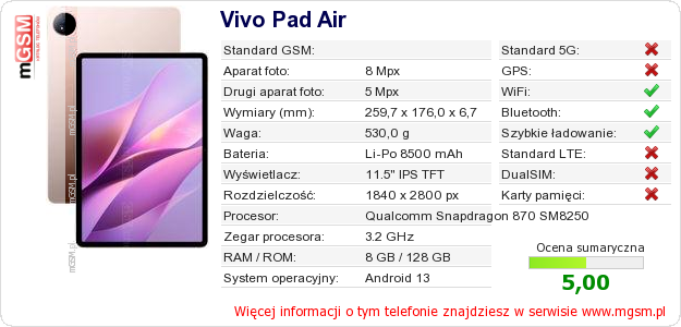 Dane telefonu Vivo Pad Air