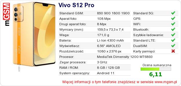 Dane telefonu Vivo S12 Pro Dane telefonu Vivo S12 Pro