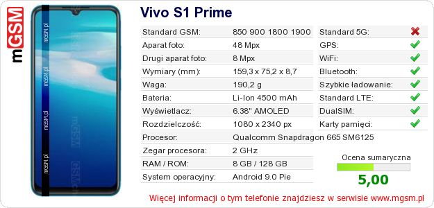 Dane telefonu Vivo S1 Prime Dane telefonu Vivo S1 Prime