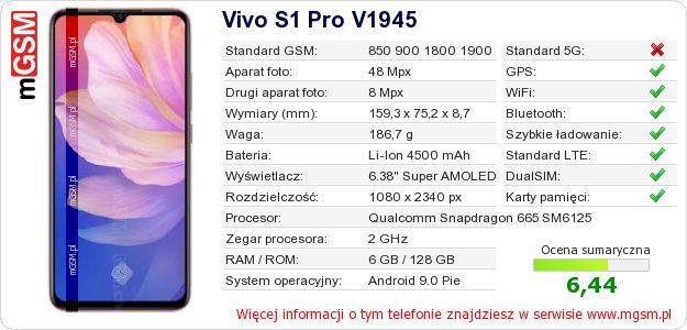 Dane telefonu Vivo S1 Pro V1945 Dane telefonu Vivo S1 Pro V1945