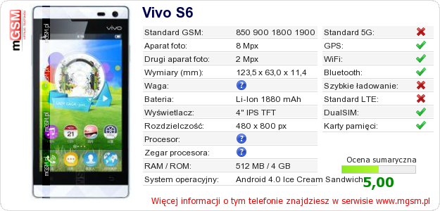 Dane telefonu Vivo S6