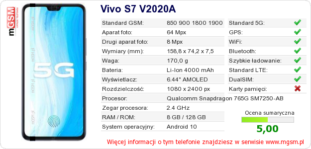 Dane telefonu Vivo S7 V2020A