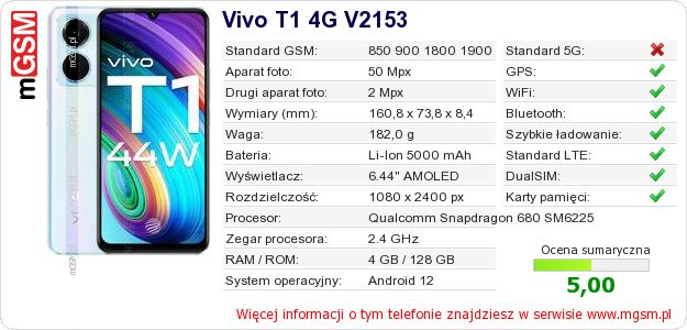 Dane telefonu Vivo T1 4G V2153 Dane telefonu Vivo T1 4G V2153
