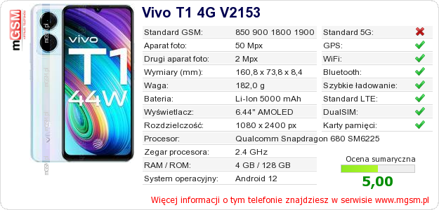 Dane telefonu Vivo T1 4G V2153