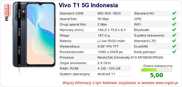 Dane telefonu Vivo T1 5G Indonesia