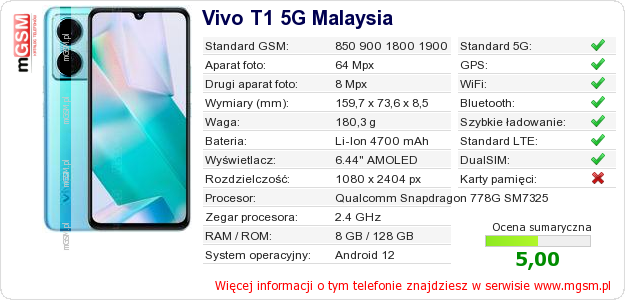 Dane telefonu Vivo T1 5G Malaysia