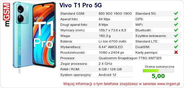 Dane telefonu Vivo T1 Pro 5G