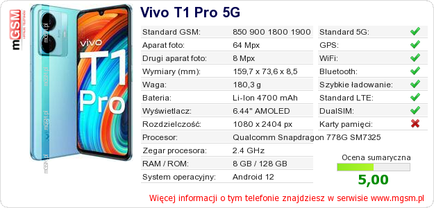 Dane telefonu Vivo T1 Pro 5G Dane telefonu Vivo T1 Pro 5G