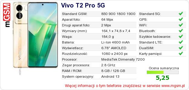 Dane telefonu Vivo T2 Pro 5G Dane telefonu Vivo T2 Pro 5G