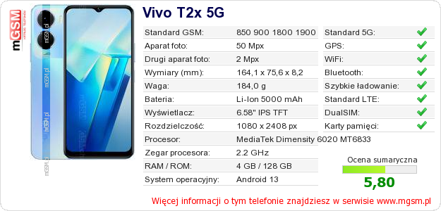 Dane telefonu Vivo T2x 5G