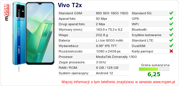 Dane telefonu Vivo T2x