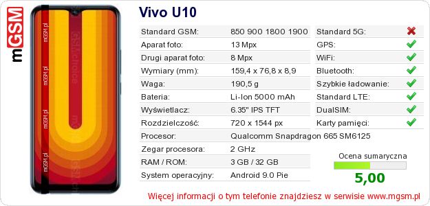 Dane telefonu Vivo U10 Dane telefonu Vivo U10
