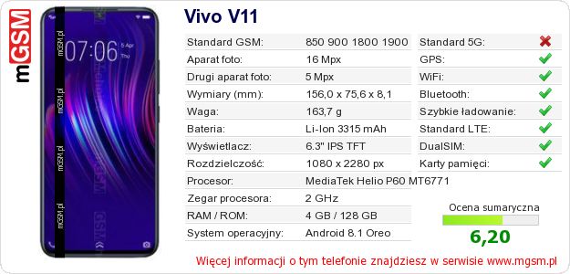 Dane telefonu Vivo V11 Dane telefonu Vivo V11