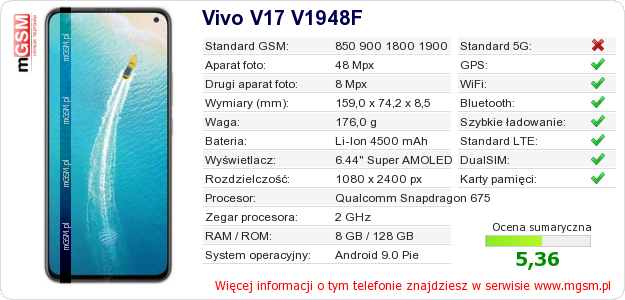 Dane telefonu Vivo V17 V1948F