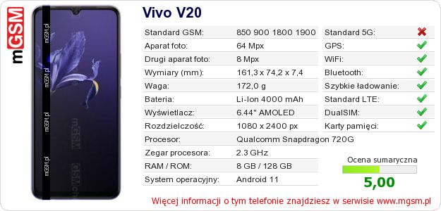 Dane telefonu Vivo V20 Dane telefonu Vivo V20