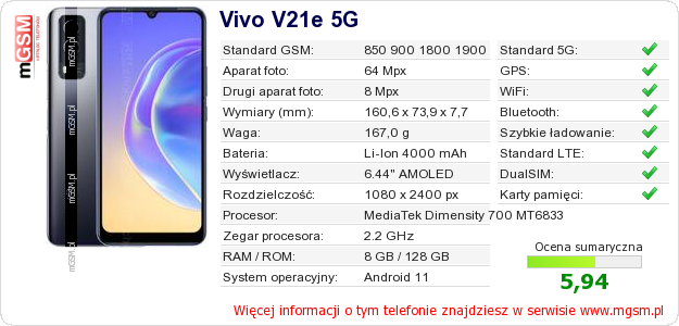 Dane telefonu Vivo V21e 5G