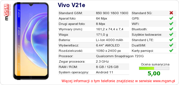 Dane telefonu Vivo V21e