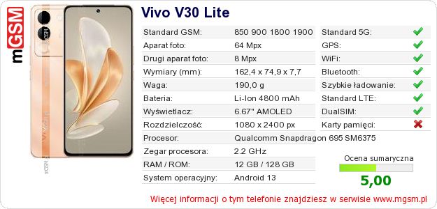 Dane telefonu Vivo V30 Lite Dane telefonu Vivo V30 Lite
