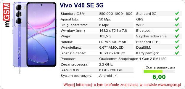 Dane telefonu Vivo V40 SE 5G Dane telefonu Vivo V40 SE 5G