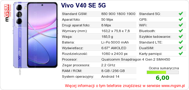 Dane telefonu Vivo V40 SE 5G