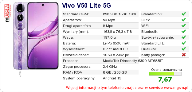 Dane telefonu Vivo V50 Lite 5G