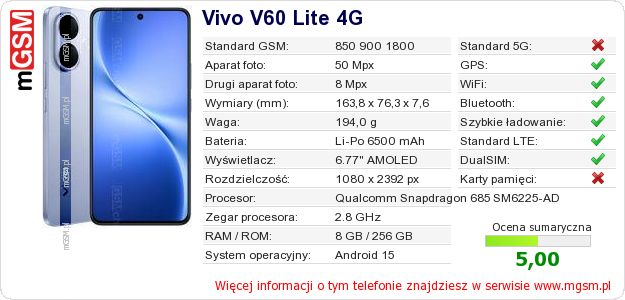 Dane telefonu Vivo V60 Lite 4G