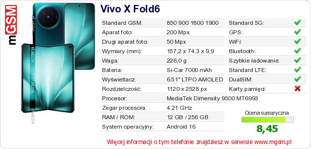 Dane telefonu Vivo X Fold6 Dane telefonu Vivo X Fold6