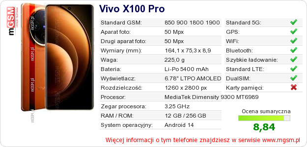 Dane telefonu Vivo X100 Pro Dane telefonu Vivo X100 Pro