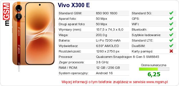 Dane telefonu Vivo X300 E Dane telefonu Vivo X300 E