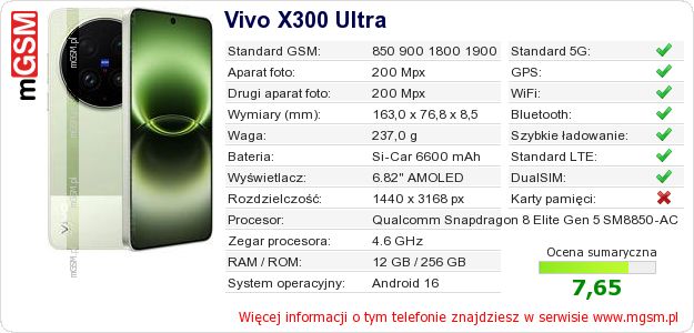 Dane telefonu Vivo X300 Ultra Dane telefonu Vivo X300 Ultra